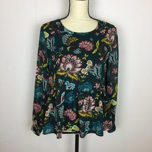 Ann Taylor Loft Peplum Blouse Top Size XS Womans Blue Floral Long Sleeve Lined